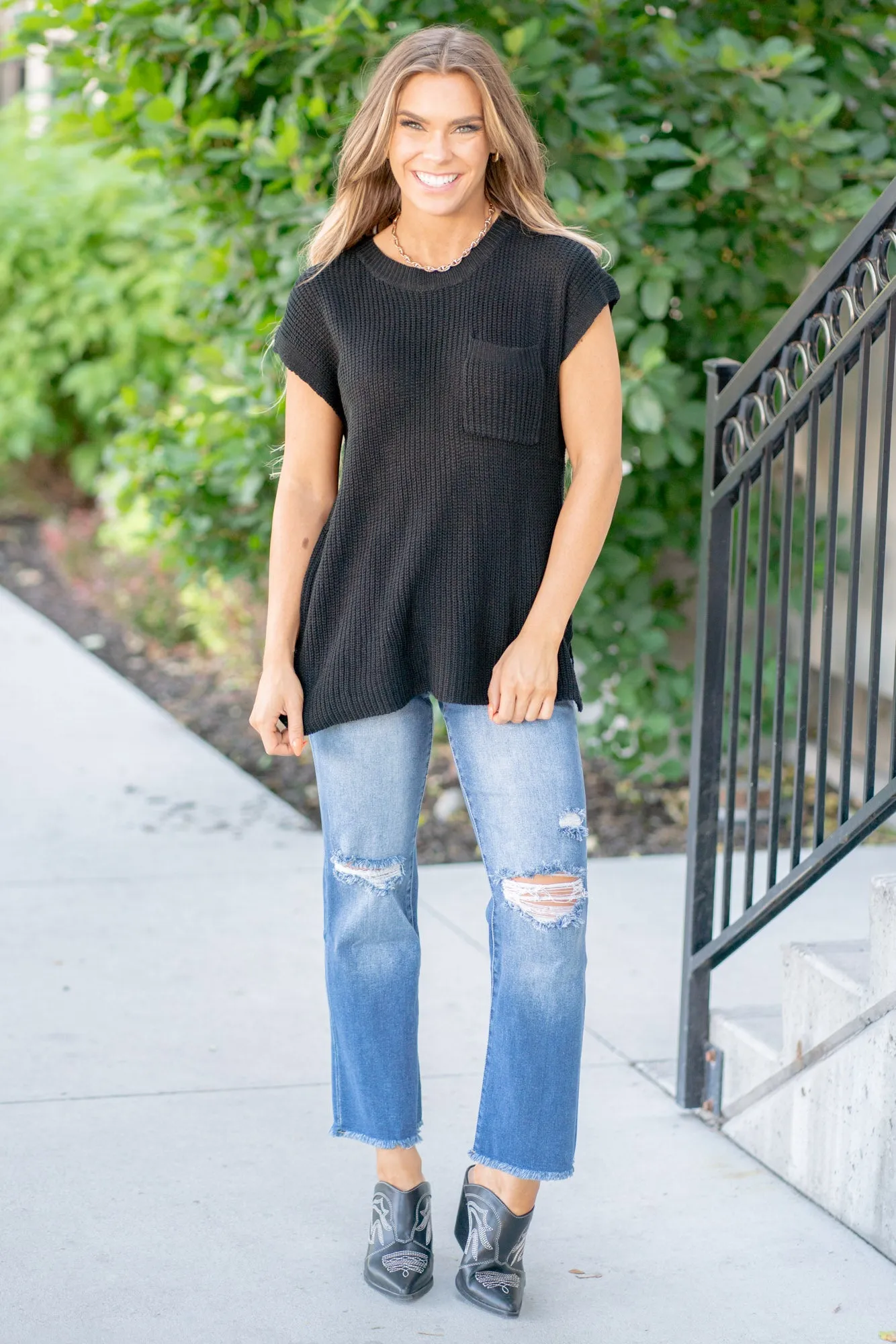 Pocketed Round Neck Cap Sleeve Knit Top