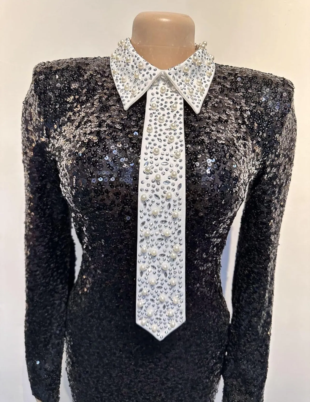 Pre-Order BK Black and White Pearl Tie Sequin Mini Dress (As Worn by Blac Chyna)