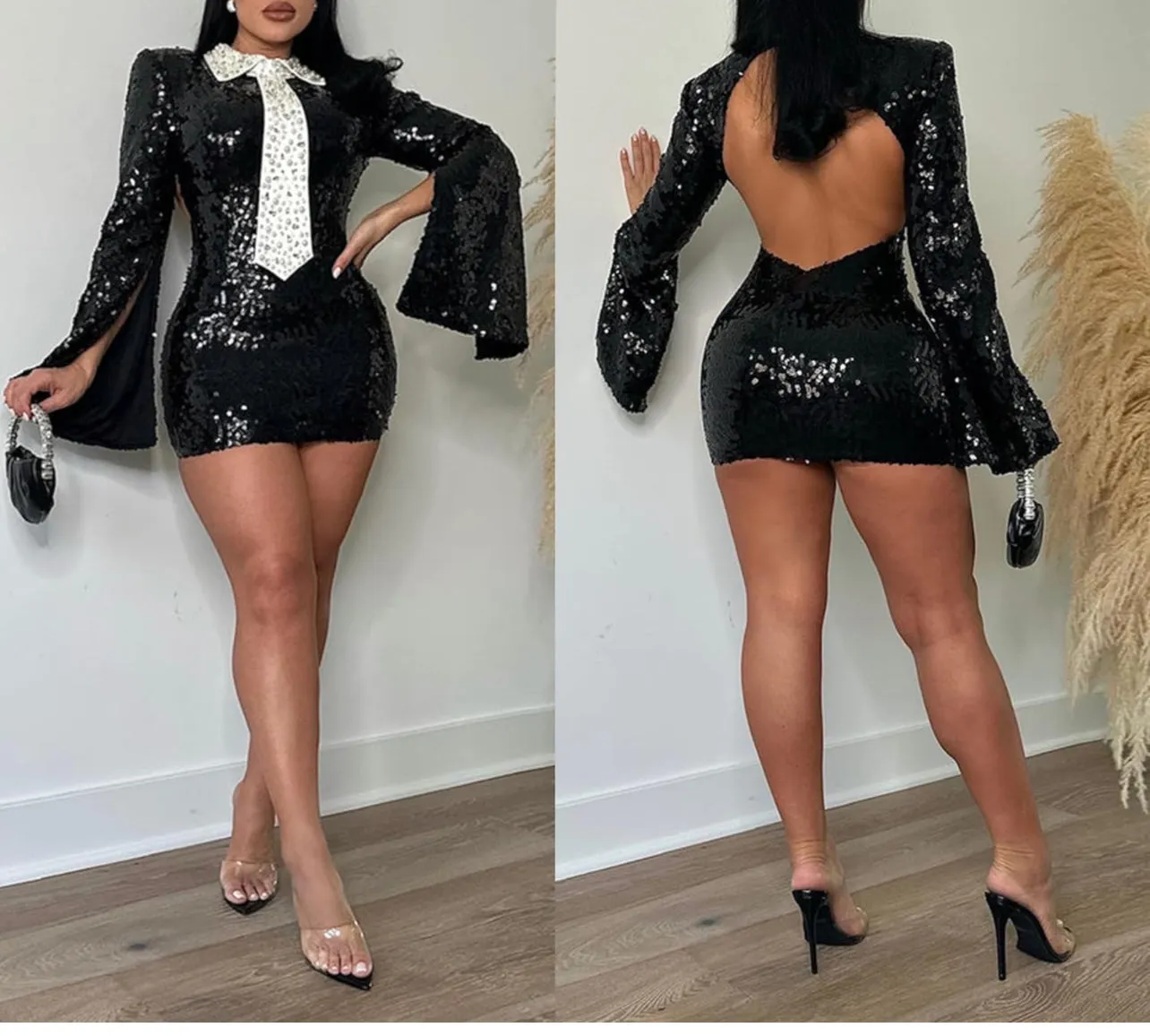 Pre-Order BK Black and White Pearl Tie Sequin Mini Dress (As Worn by Blac Chyna)