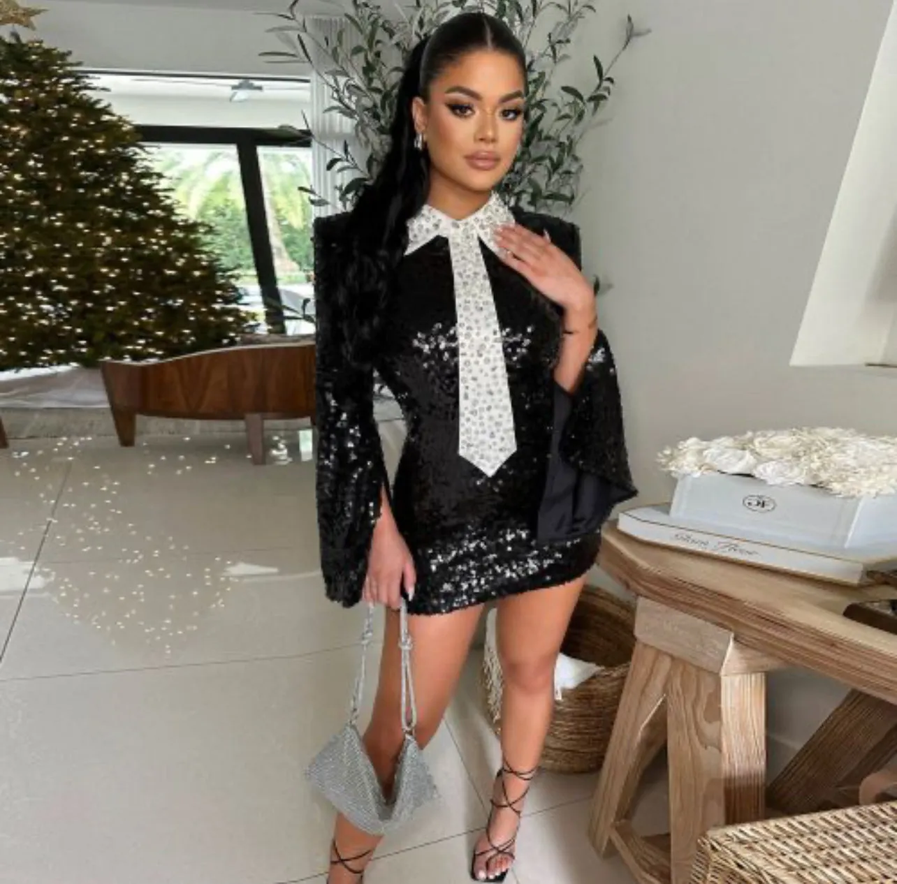 Pre-Order BK Black and White Pearl Tie Sequin Mini Dress (As Worn by Blac Chyna)