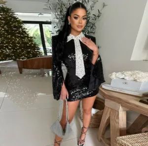Pre-Order BK Black and White Pearl Tie Sequin Mini Dress (As Worn by Blac Chyna)
