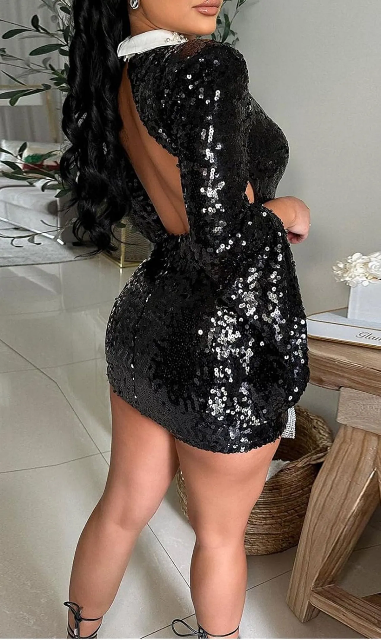 Pre-Order BK Black and White Pearl Tie Sequin Mini Dress (As Worn by Blac Chyna)