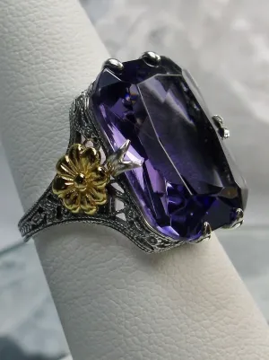 Purple Amethyst Ring, Rectangle Gem, Golden Daisy, Vintage Jewelry #D208
