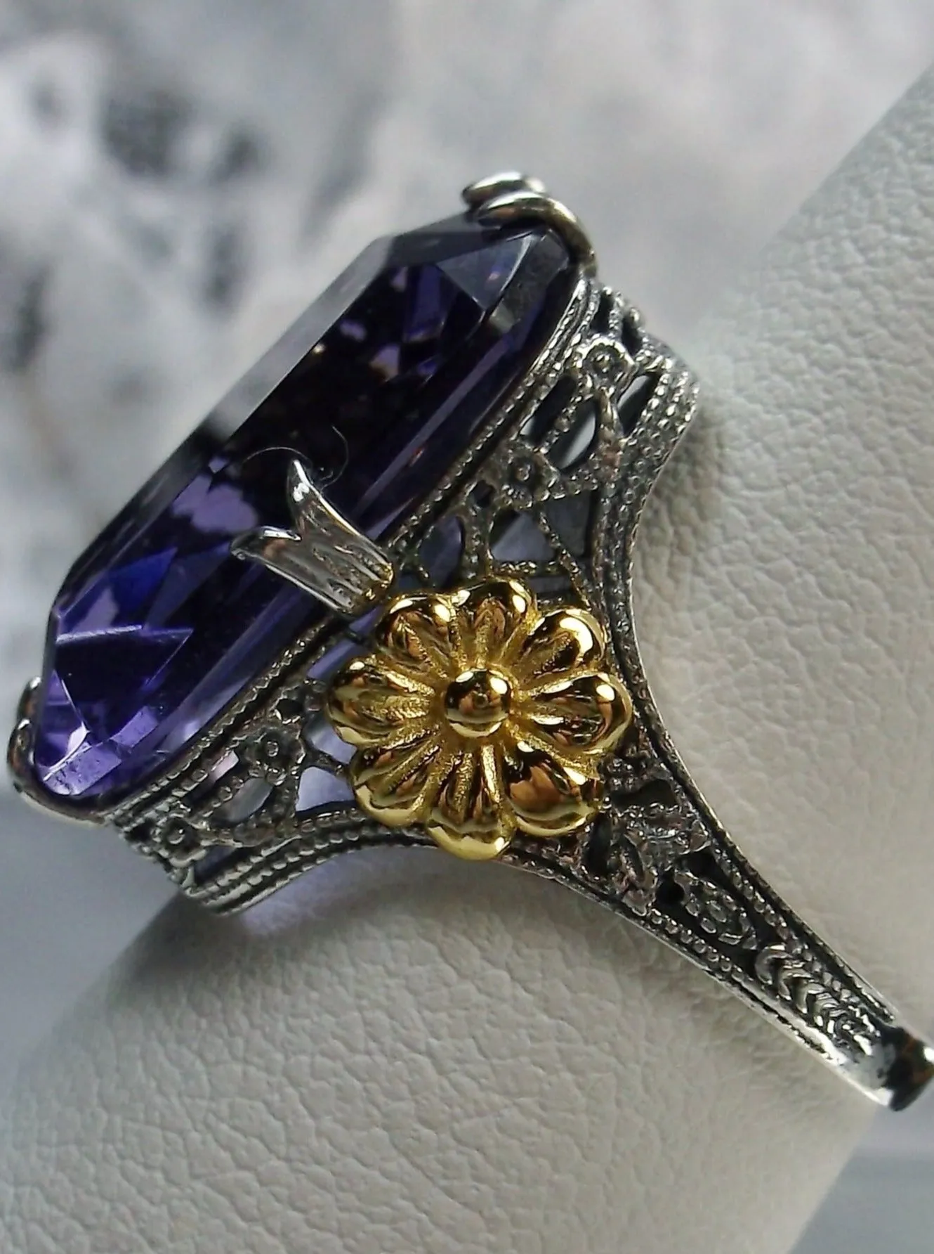Purple Amethyst Ring, Rectangle Gem, Golden Daisy, Vintage Jewelry #D208