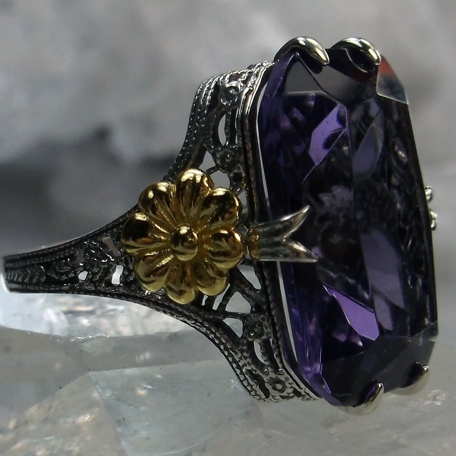 Purple Amethyst Ring, Rectangle Gem, Golden Daisy, Vintage Jewelry #D208
