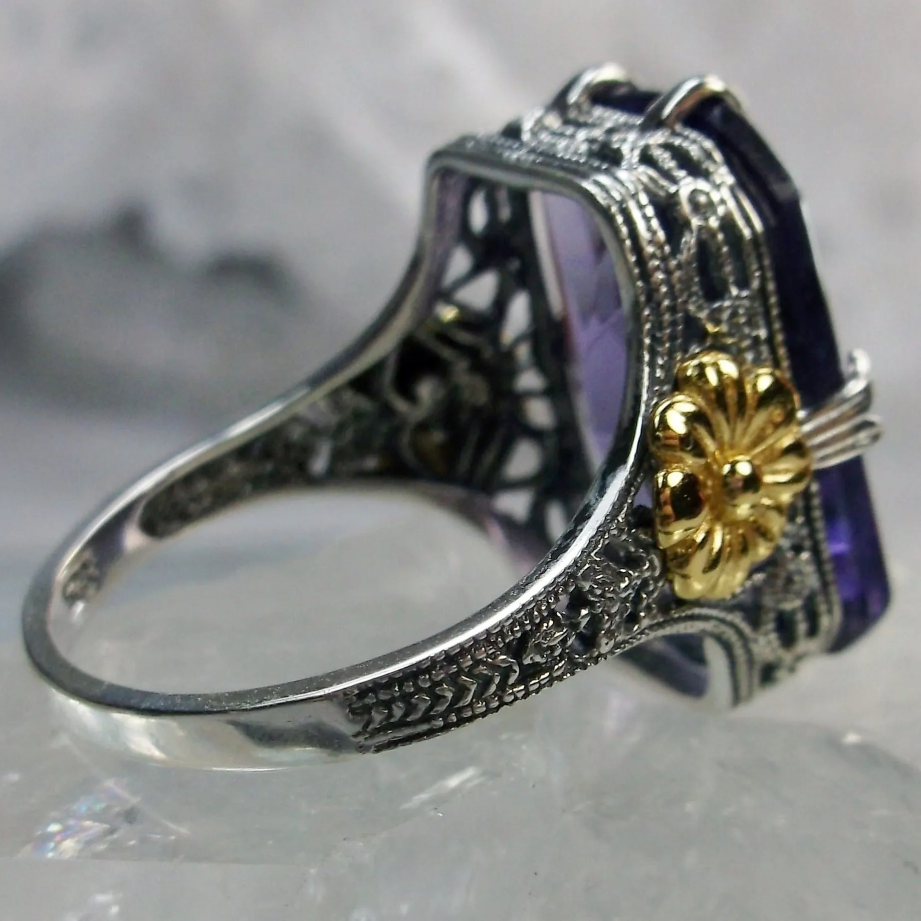 Purple Amethyst Ring, Rectangle Gem, Golden Daisy, Vintage Jewelry #D208