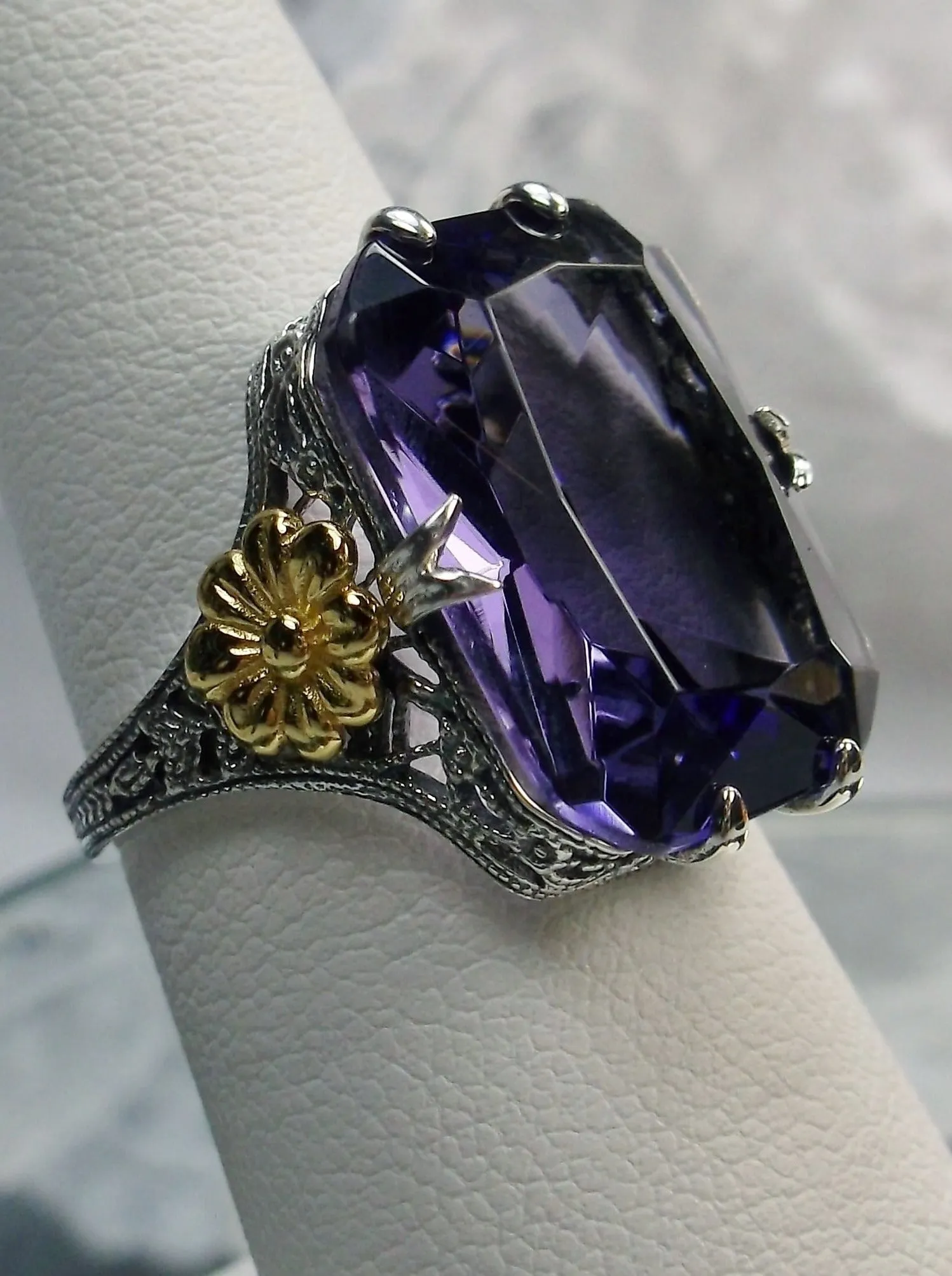 Purple Amethyst Ring, Rectangle Gem, Golden Daisy, Vintage Jewelry #D208