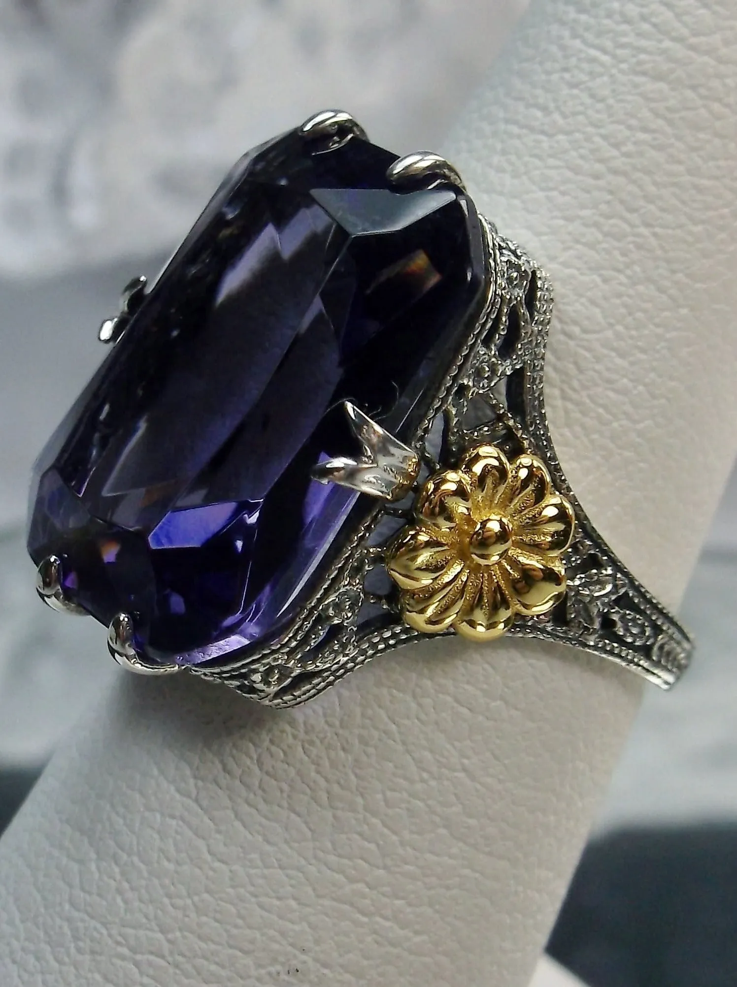 Purple Amethyst Ring, Rectangle Gem, Golden Daisy, Vintage Jewelry #D208
