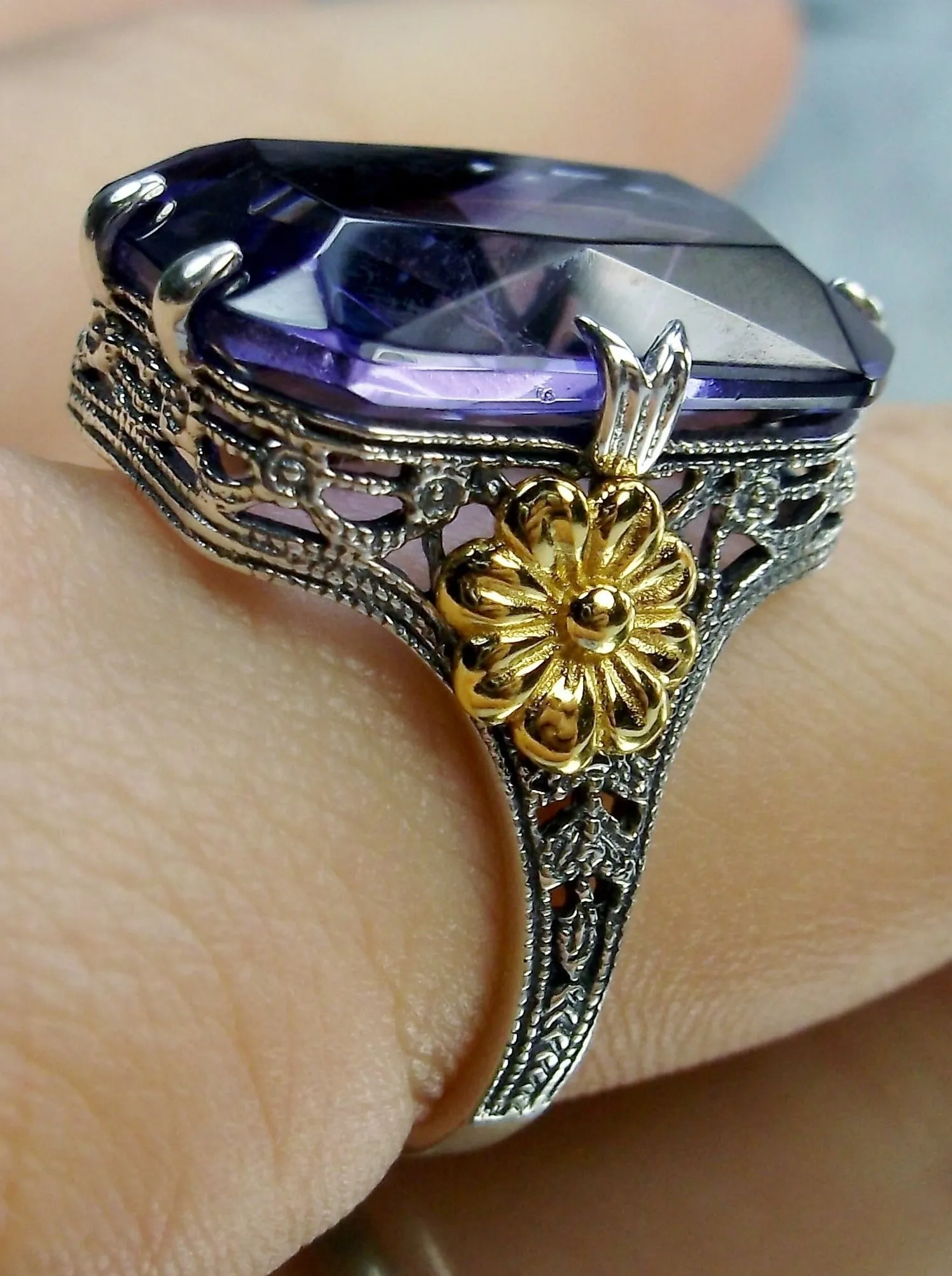 Purple Amethyst Ring, Rectangle Gem, Golden Daisy, Vintage Jewelry #D208