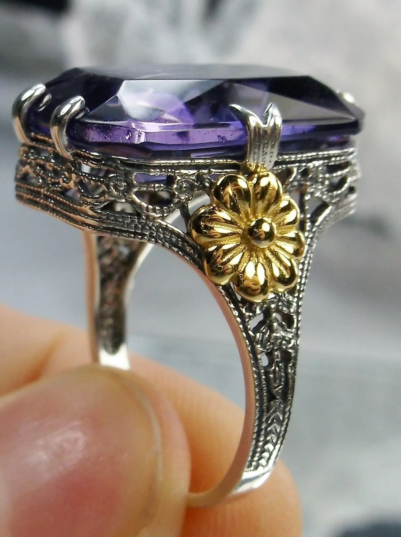 Purple Amethyst Ring, Rectangle Gem, Golden Daisy, Vintage Jewelry #D208