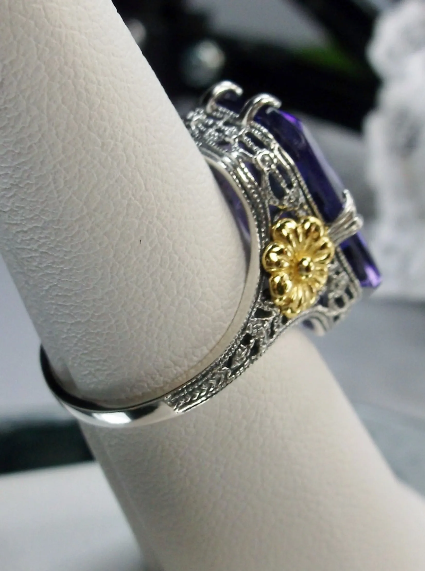 Purple Amethyst Ring, Rectangle Gem, Golden Daisy, Vintage Jewelry #D208