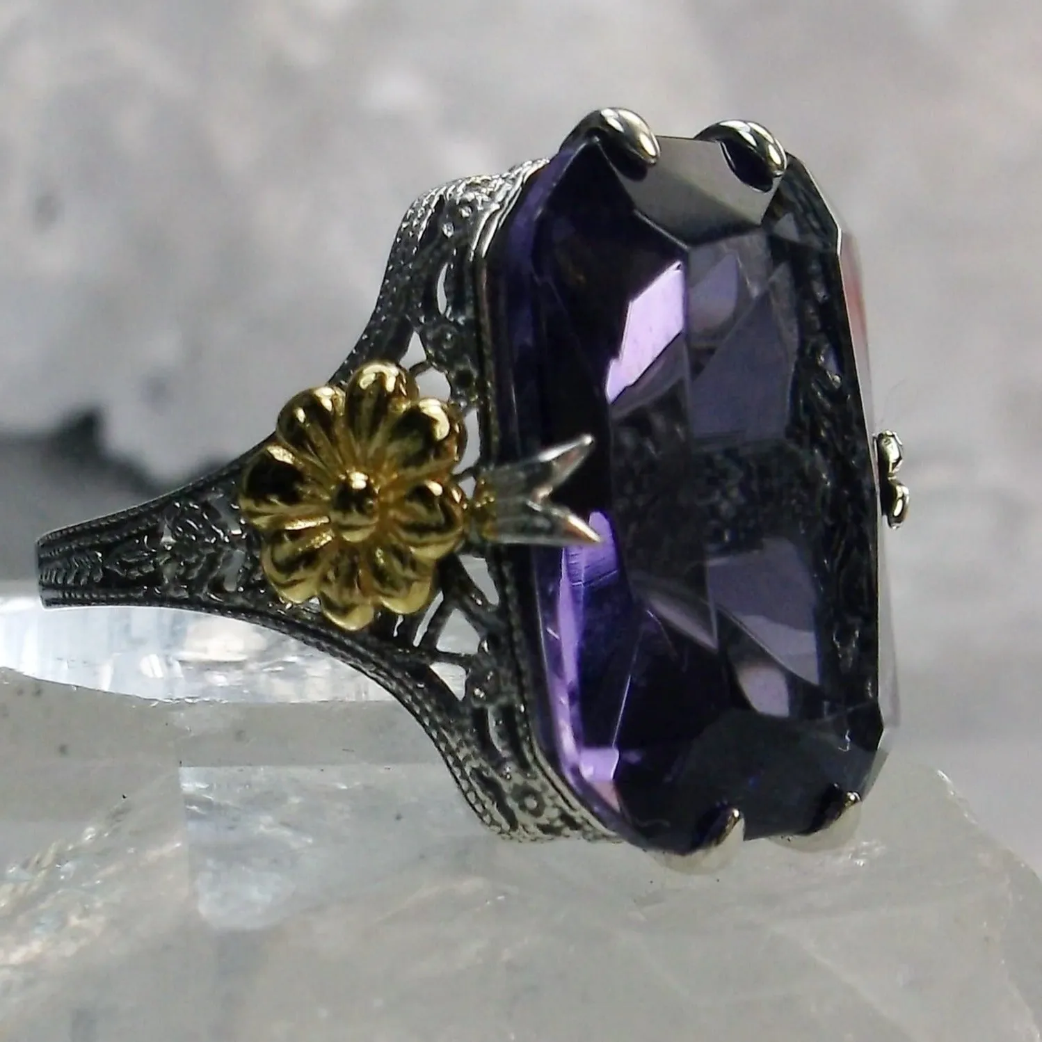 Purple Amethyst Ring, Rectangle Gem, Golden Daisy, Vintage Jewelry #D208