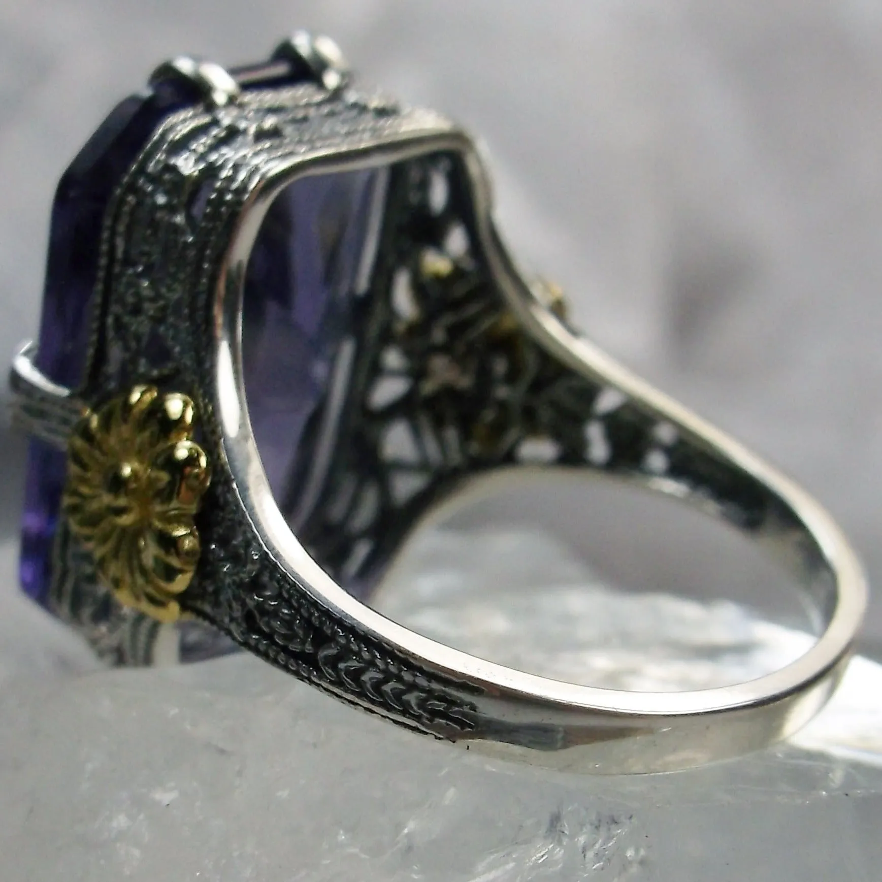 Purple Amethyst Ring, Rectangle Gem, Golden Daisy, Vintage Jewelry #D208
