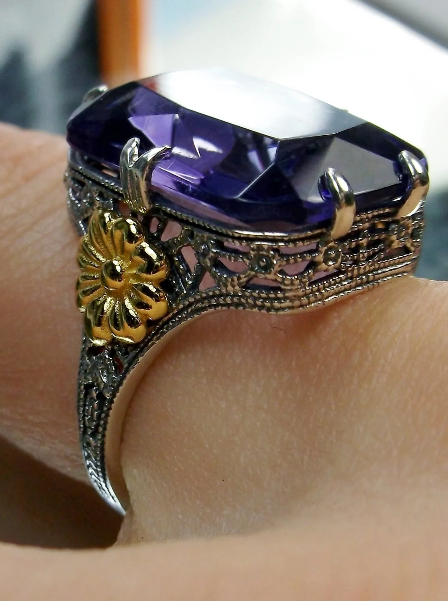 Purple Amethyst Ring, Rectangle Gem, Golden Daisy, Vintage Jewelry #D208
