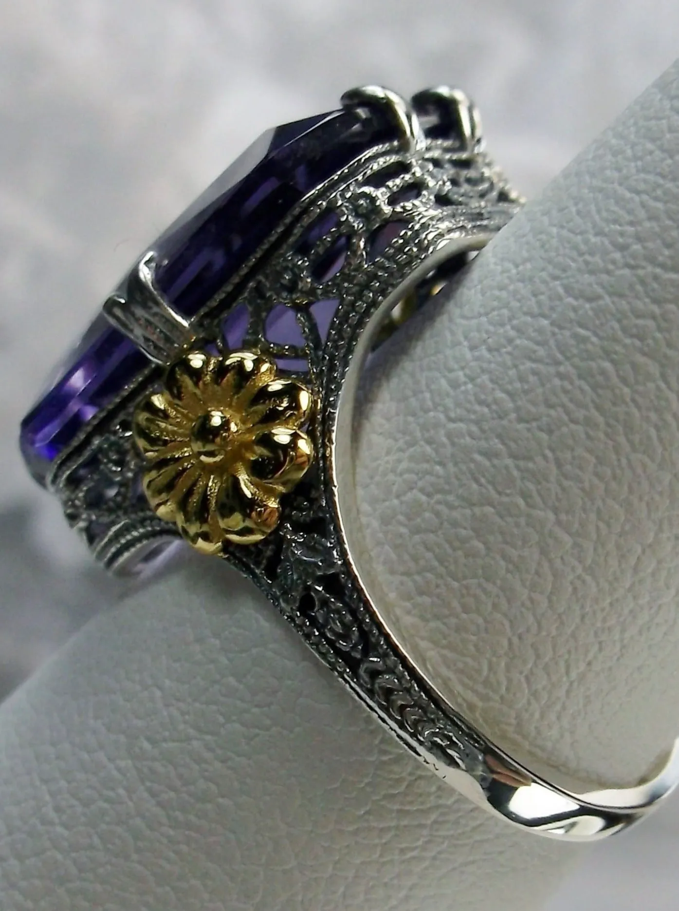 Purple Amethyst Ring, Rectangle Gem, Golden Daisy, Vintage Jewelry #D208