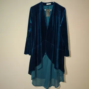 R Vivomos Size l (12/14) Turquoise 100% Velvet Asymmetric Cardigan Duster