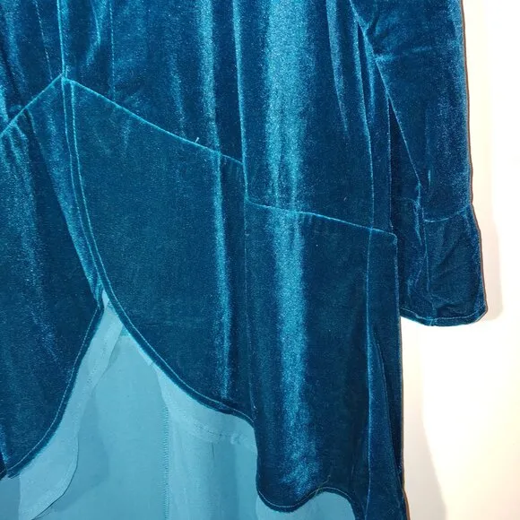 R Vivomos Size l (12/14) Turquoise 100% Velvet Asymmetric Cardigan Duster
