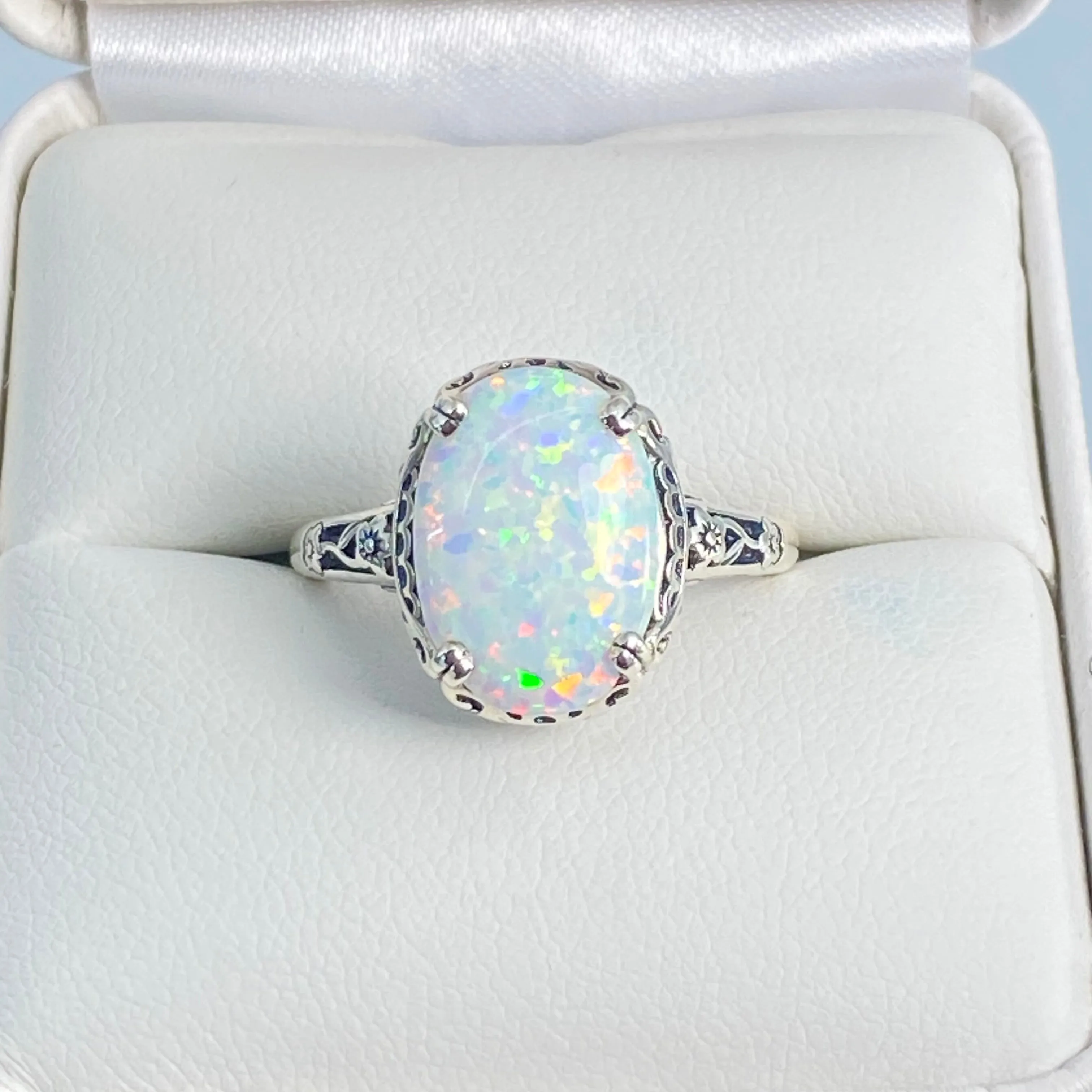 Rainbow White Opal Ring, Revival Edwardian Jewelry #D70