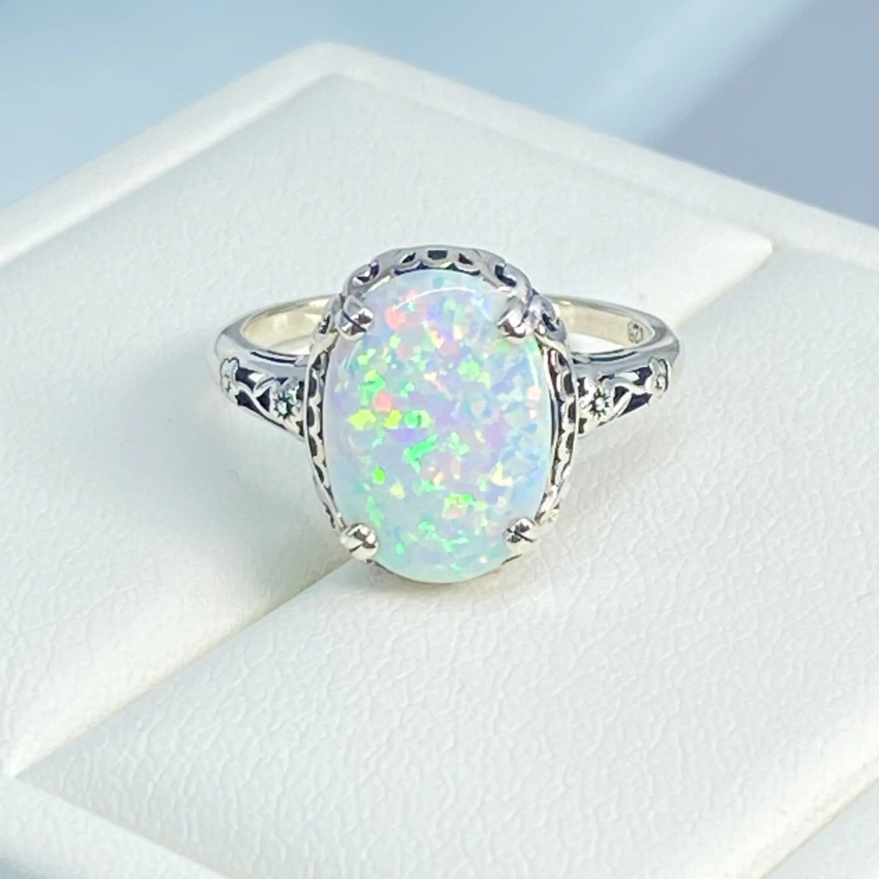 Rainbow White Opal Ring, Revival Edwardian Jewelry #D70