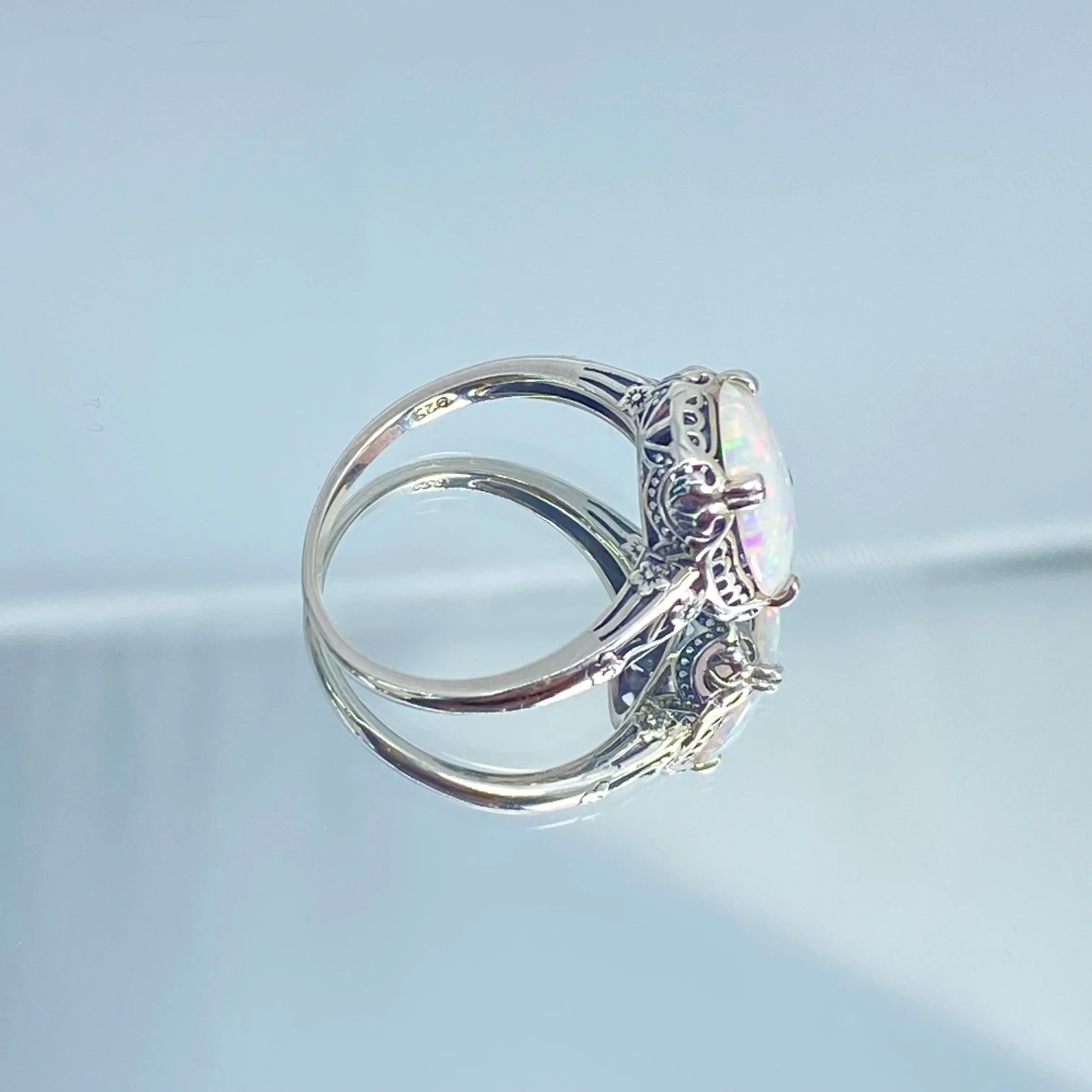 Rainbow White Opal Ring, Revival Edwardian Jewelry #D70