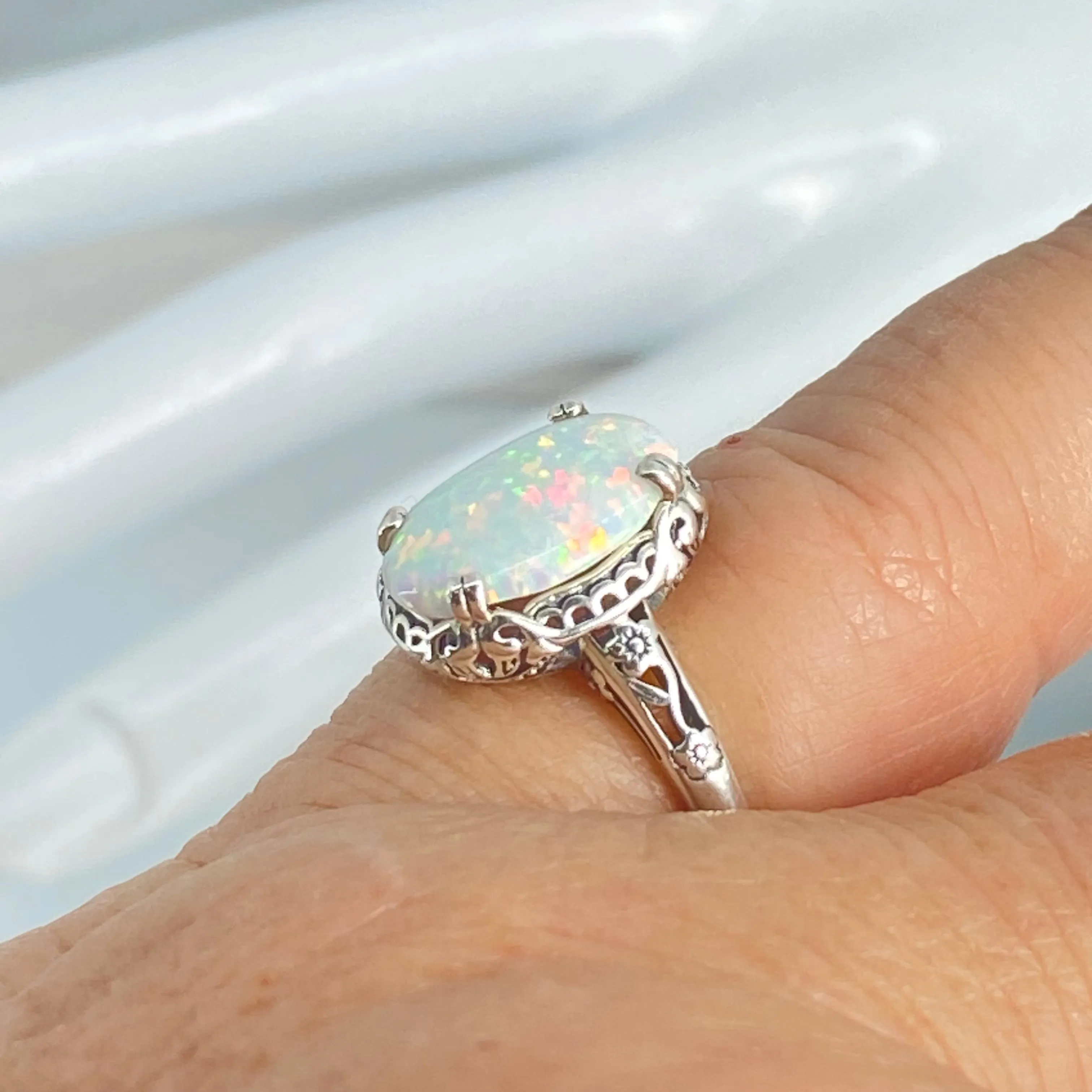 Rainbow White Opal Ring, Revival Edwardian Jewelry #D70
