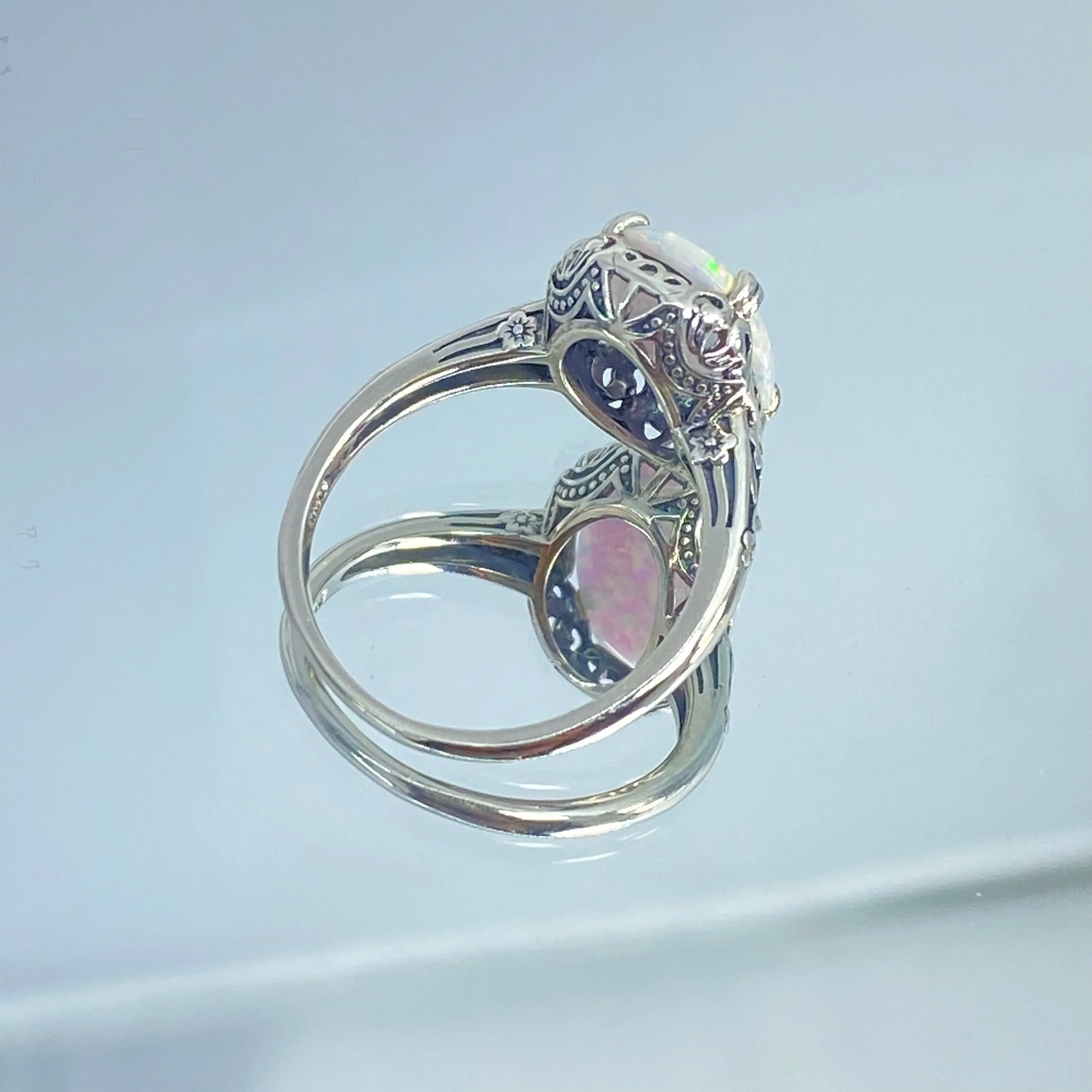 Rainbow White Opal Ring, Revival Edwardian Jewelry #D70