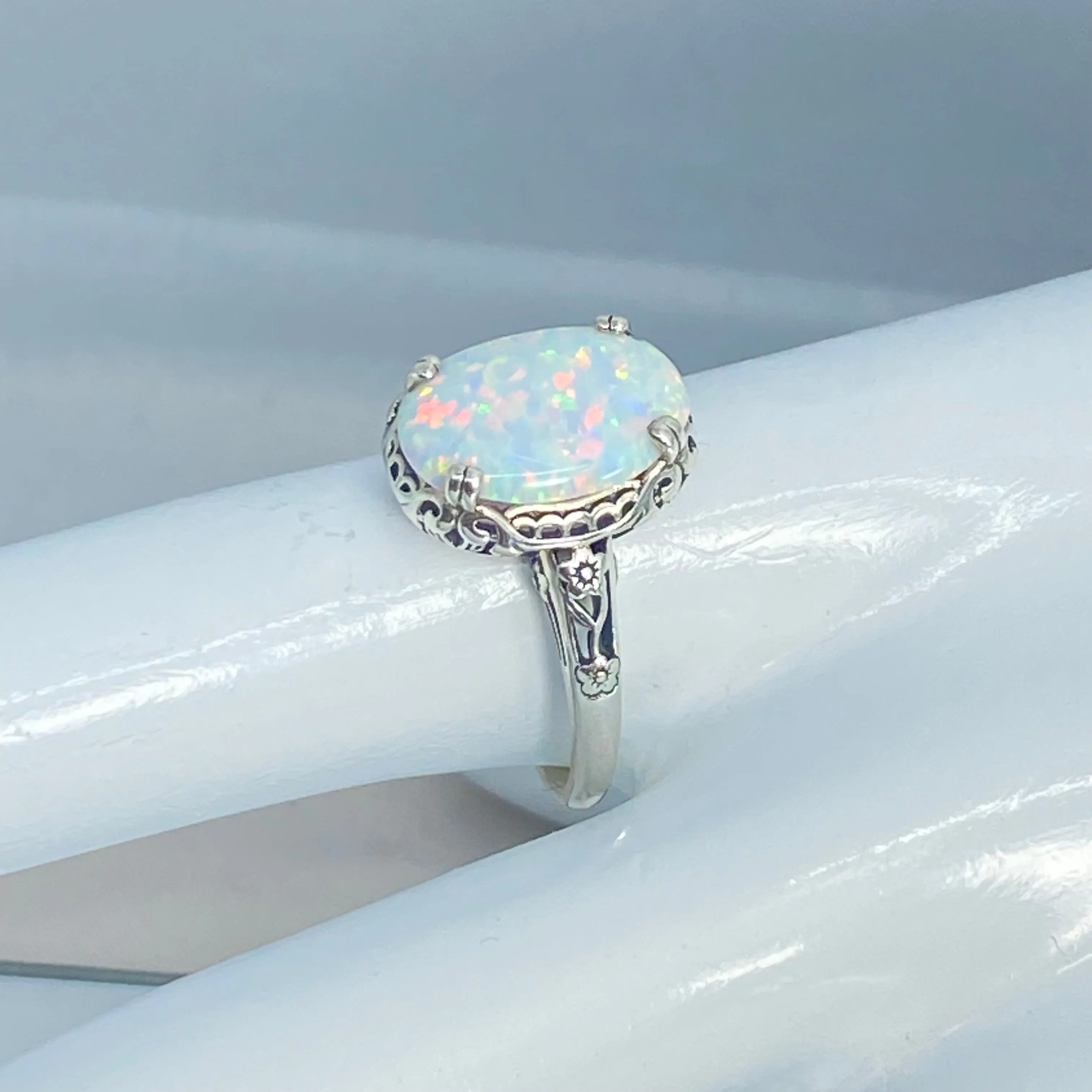 Rainbow White Opal Ring, Revival Edwardian Jewelry #D70