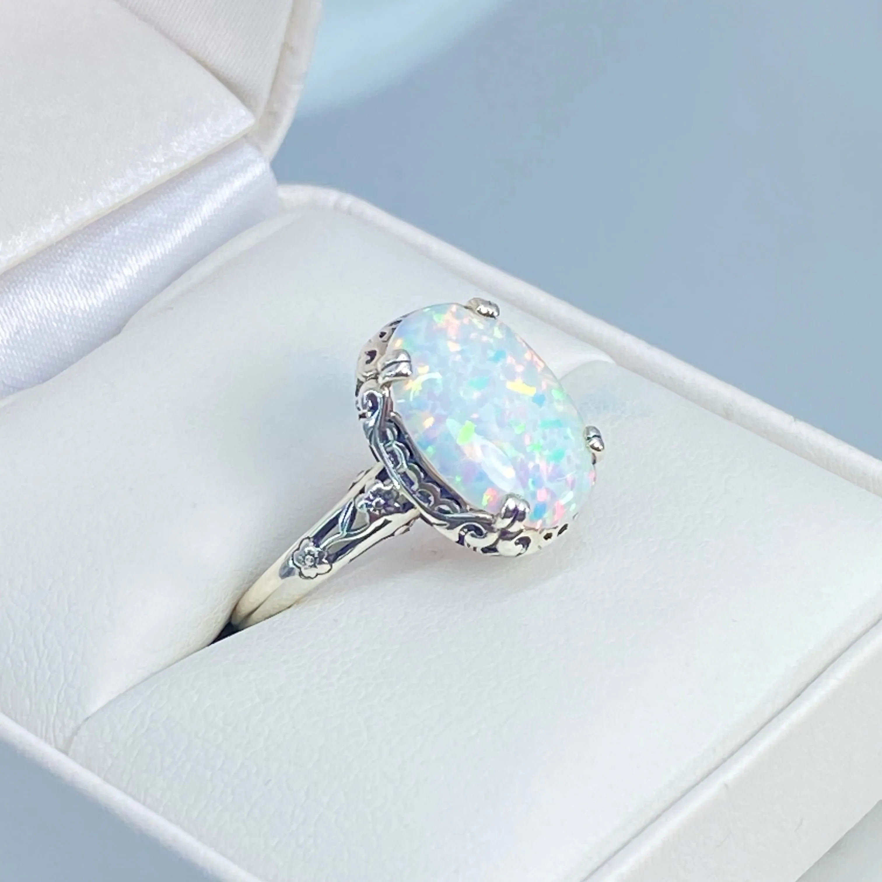 Rainbow White Opal Ring, Revival Edwardian Jewelry #D70