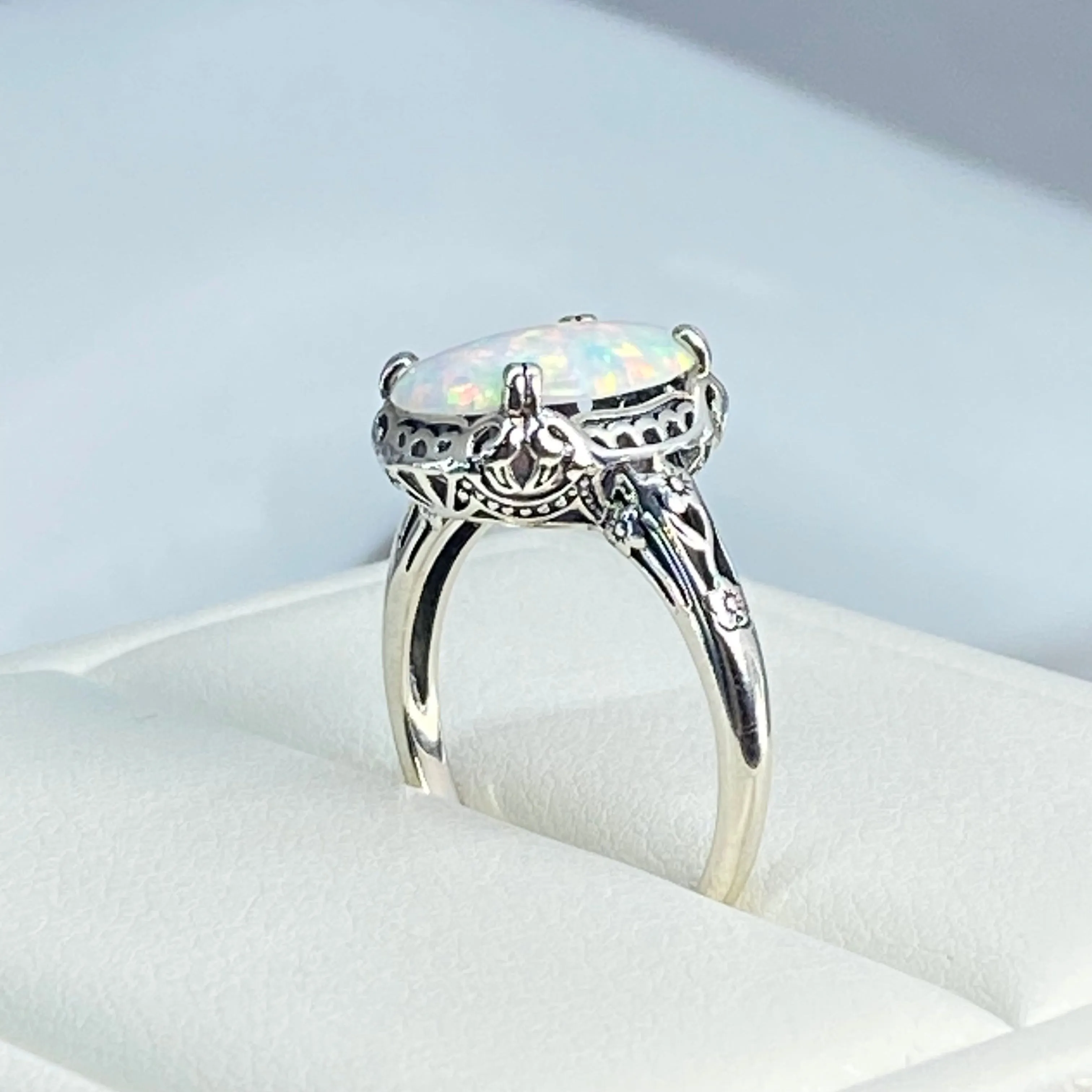 Rainbow White Opal Ring, Revival Edwardian Jewelry #D70