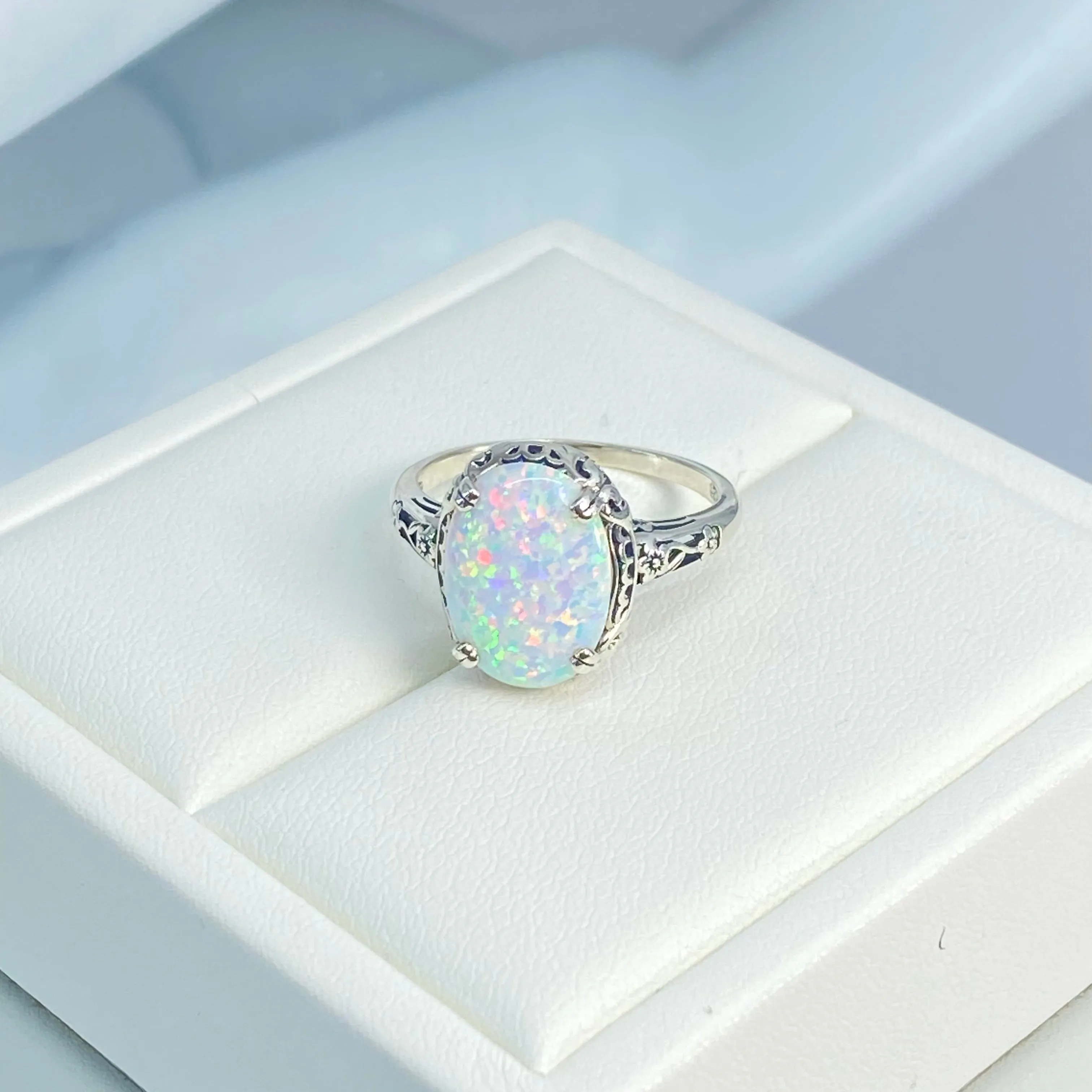 Rainbow White Opal Ring, Revival Edwardian Jewelry #D70