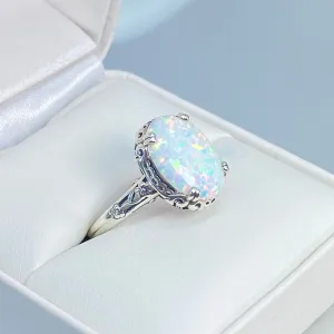 Rainbow White Opal Ring, Revival Edwardian Jewelry #D70