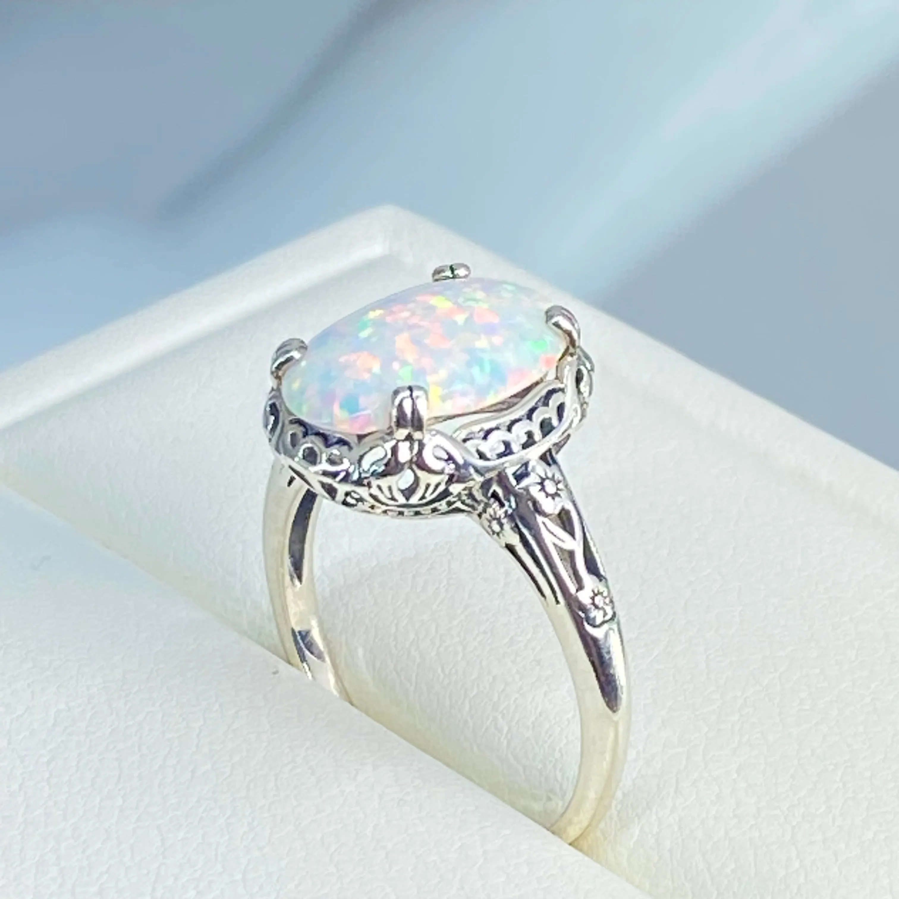 Rainbow White Opal Ring, Revival Edwardian Jewelry #D70
