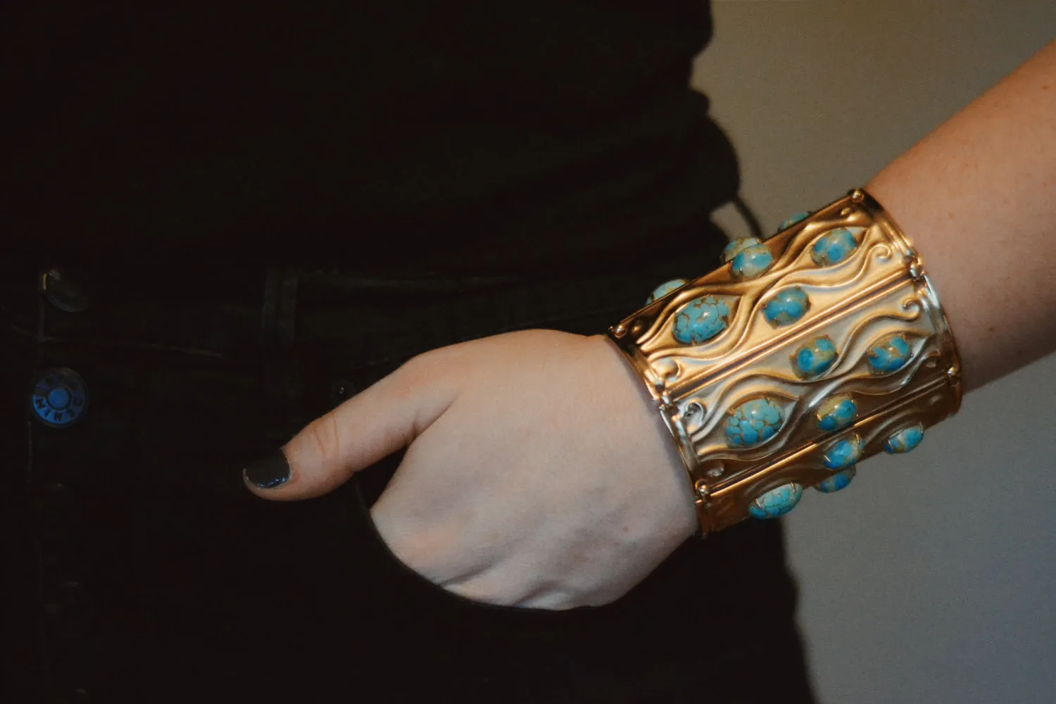 Rare Napier Repousse Cuff Bracelet, Gold Tone with Faux Turquoise Cabochons