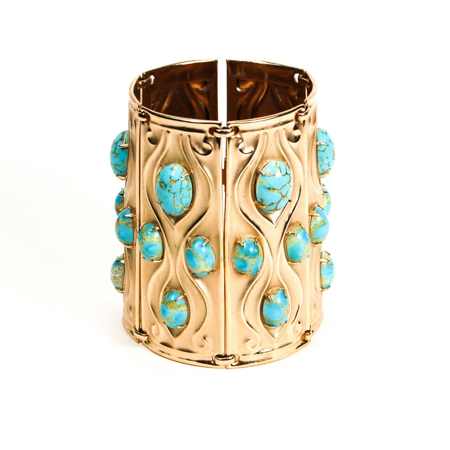 Rare Napier Repousse Cuff Bracelet, Gold Tone with Faux Turquoise Cabochons
