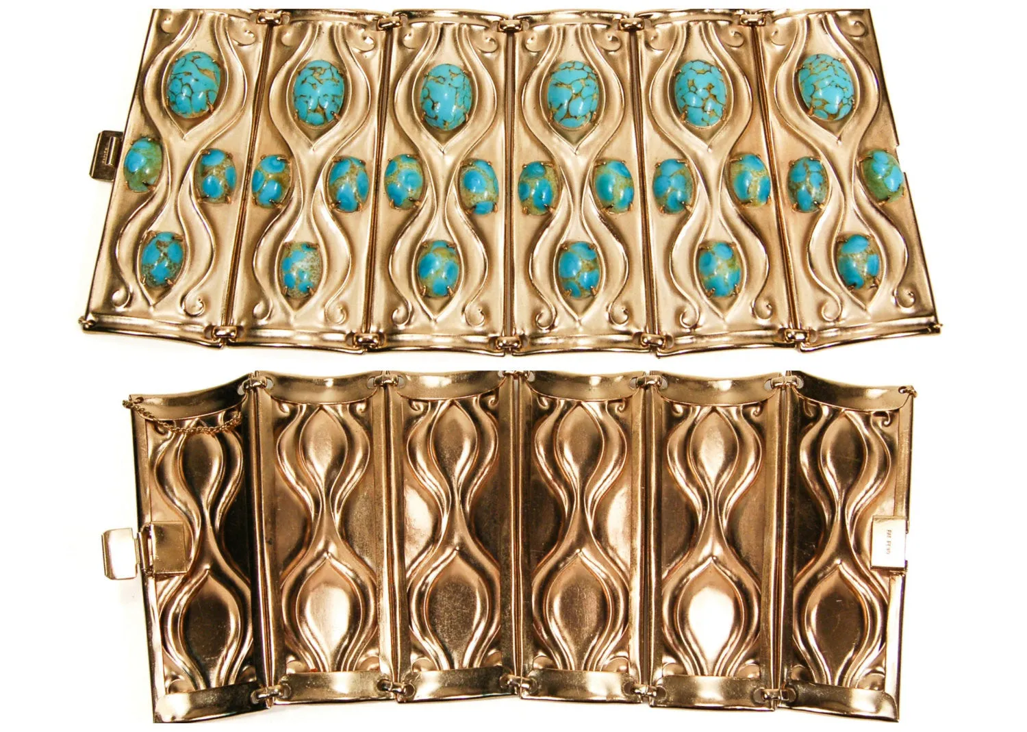 Rare Napier Repousse Cuff Bracelet, Gold Tone with Faux Turquoise Cabochons