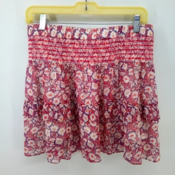 Rebecca Minkoff Canyon Poppy Print Floral Tier Elastic Waist Skirt S Lined Red