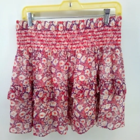 Rebecca Minkoff Canyon Poppy Print Floral Tier Elastic Waist Skirt S Lined Red