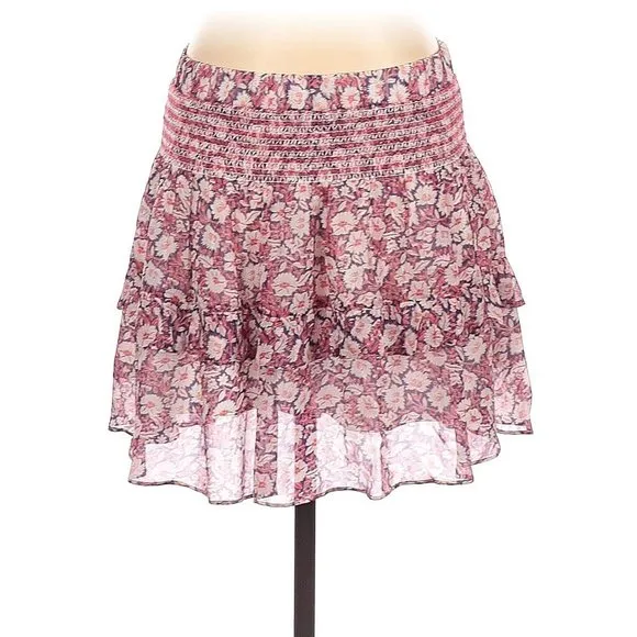 Rebecca Minkoff Canyon Poppy Print Floral Tier Elastic Waist Skirt S Lined Red