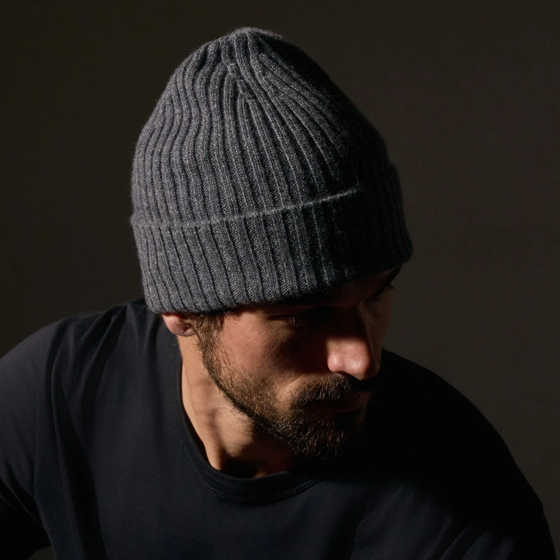 Recycled Cashmere Ribbed Beanie - Grey Felt