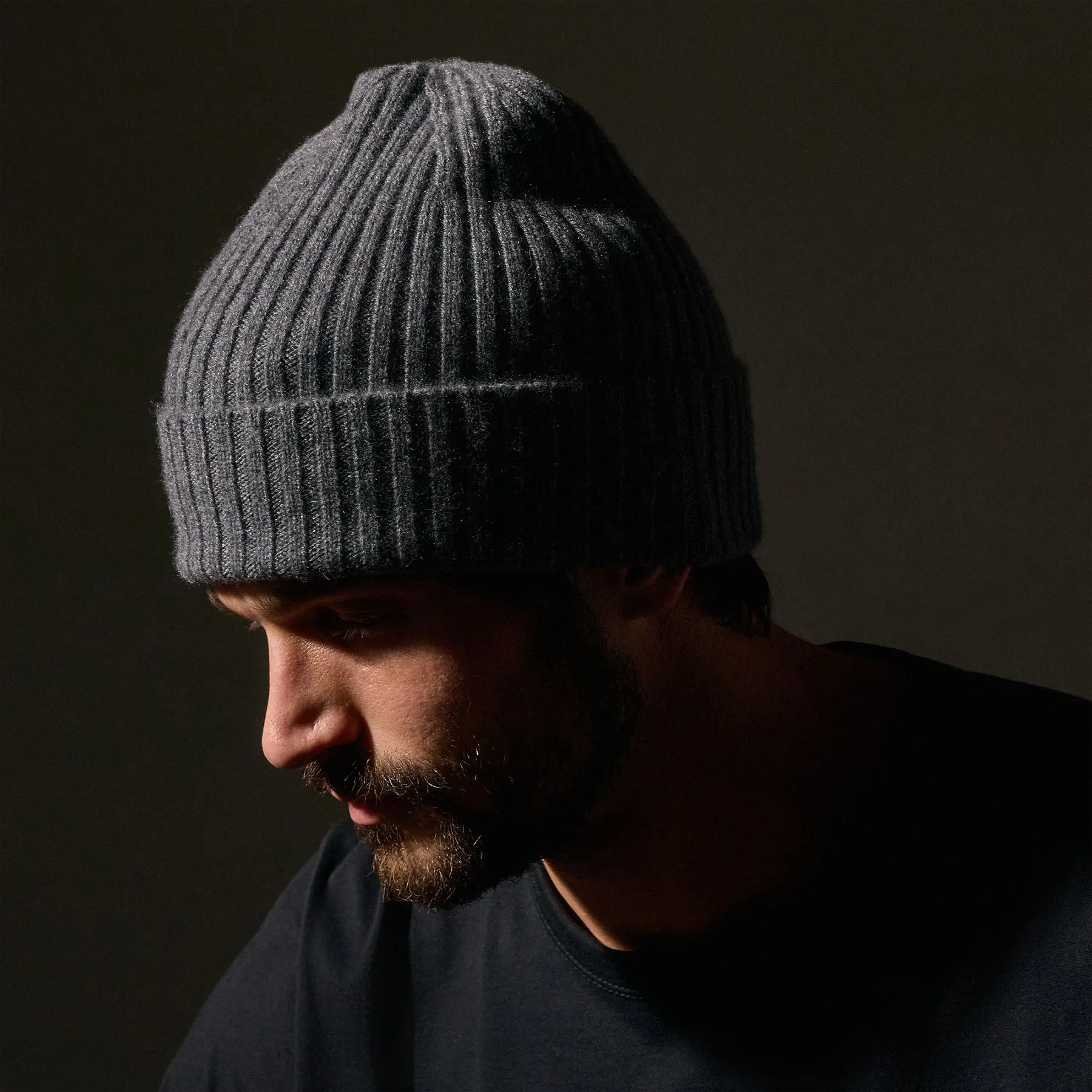 Recycled Cashmere Ribbed Beanie - Grey Felt