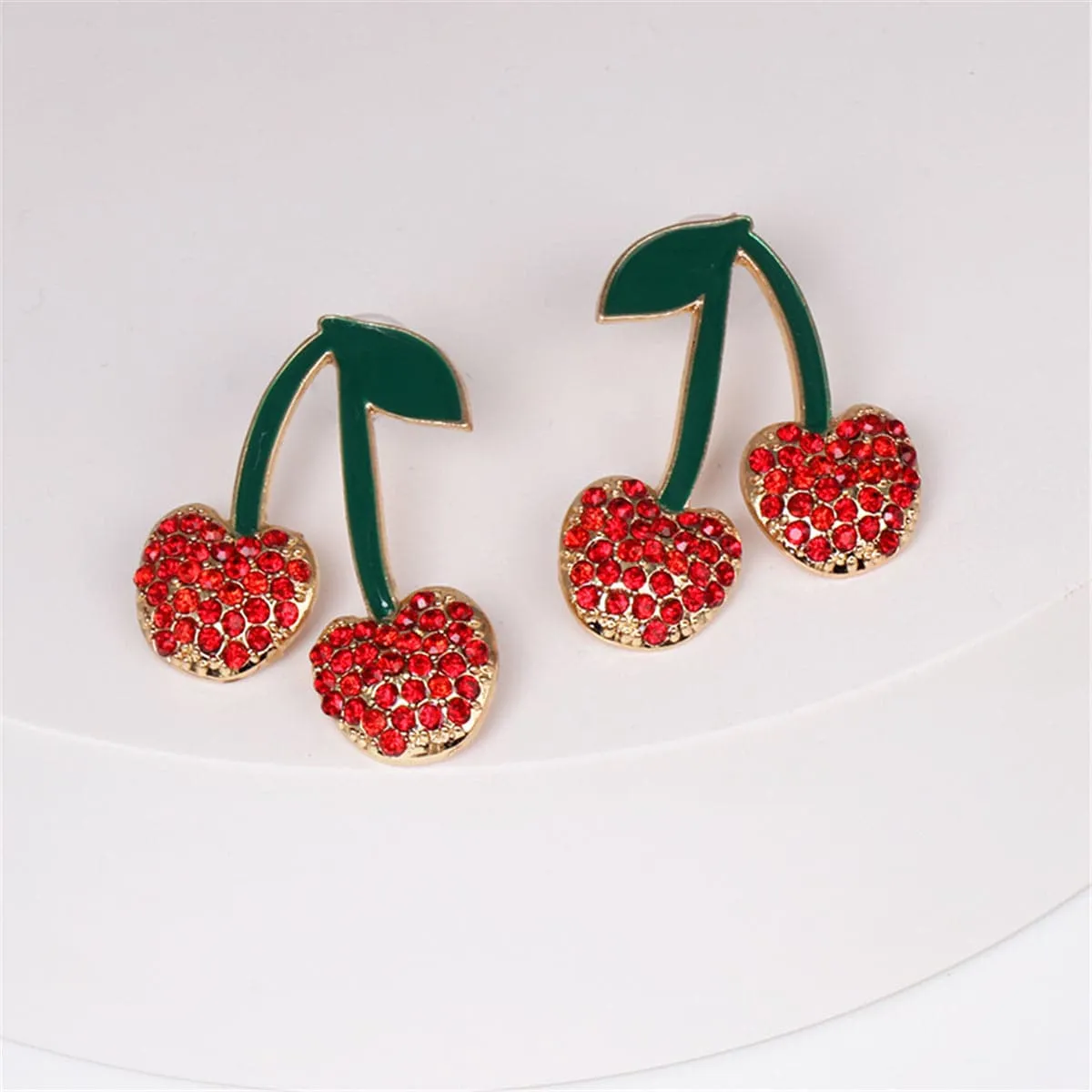 Red Cubic Zirconia & Green Enamel Cherry Drop Earrings