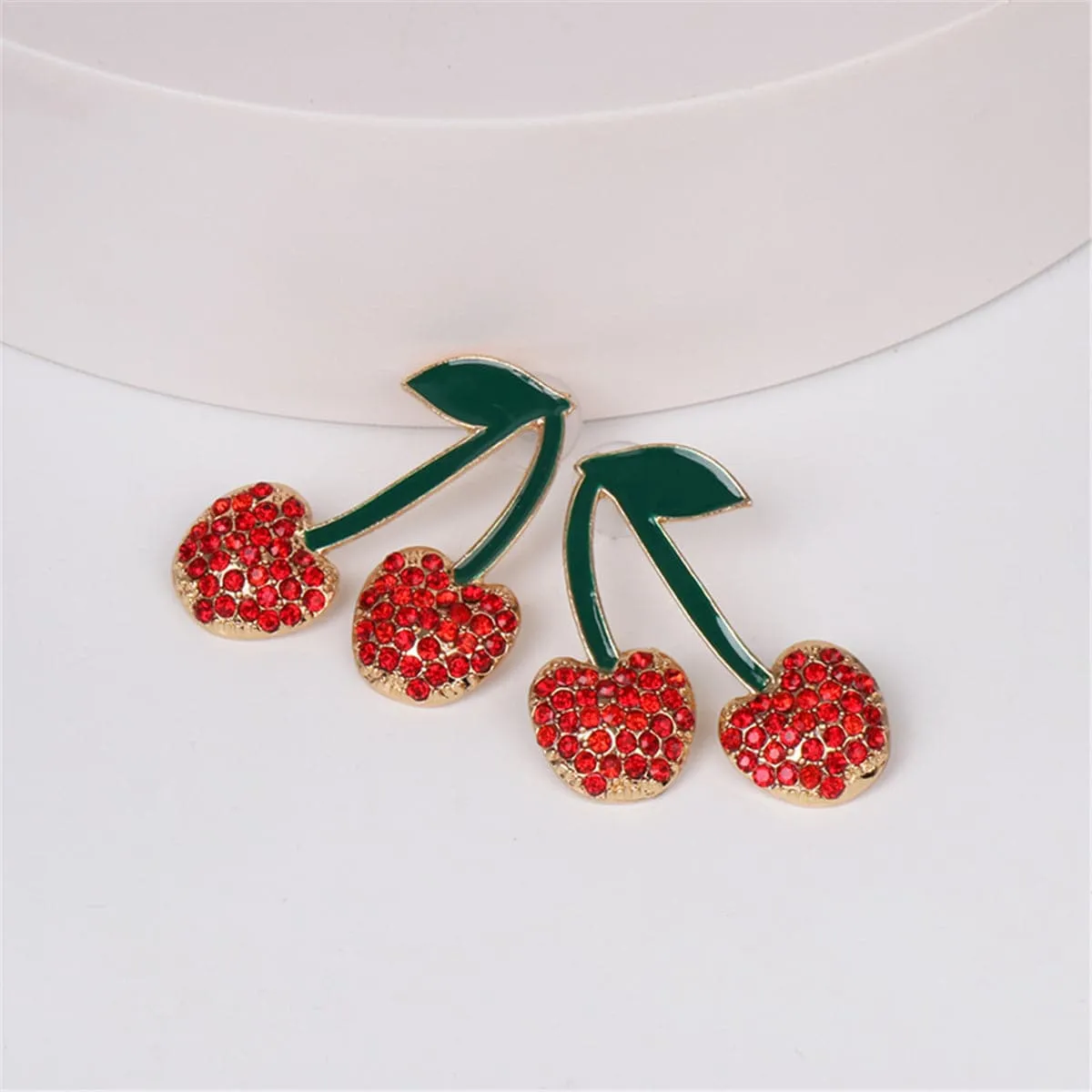 Red Cubic Zirconia & Green Enamel Cherry Drop Earrings