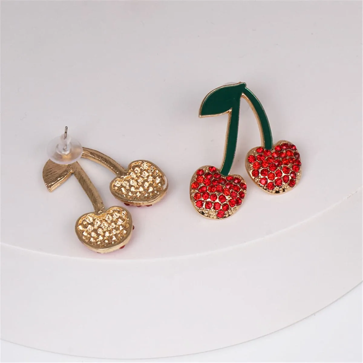 Red Cubic Zirconia & Green Enamel Cherry Drop Earrings