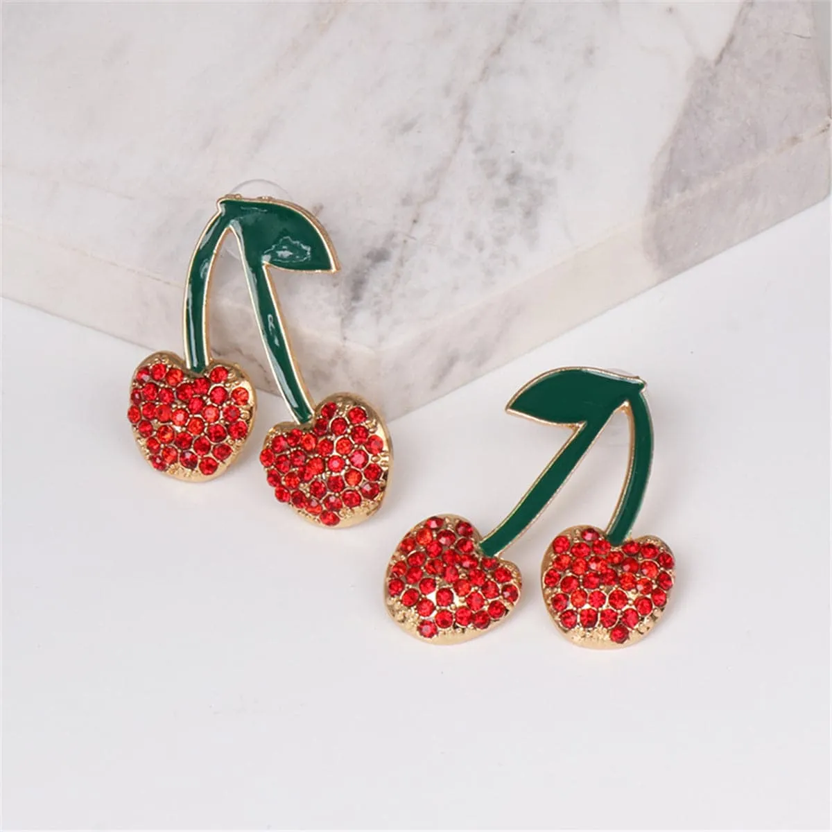 Red Cubic Zirconia & Green Enamel Cherry Drop Earrings