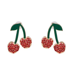 Red Cubic Zirconia & Green Enamel Cherry Drop Earrings