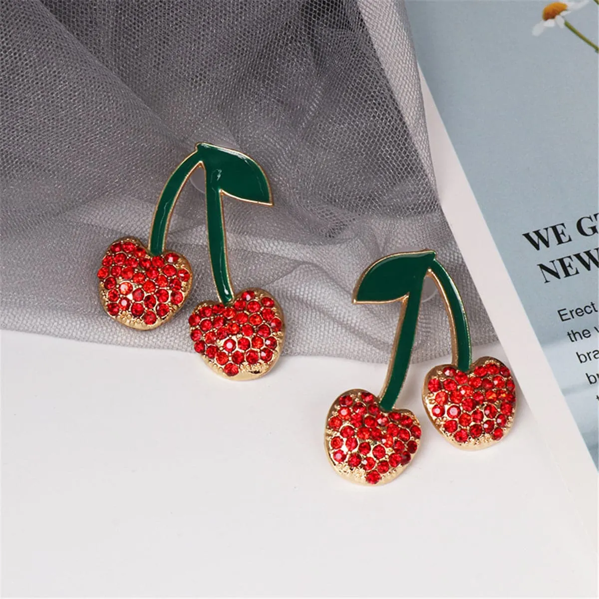 Red Cubic Zirconia & Green Enamel Cherry Drop Earrings