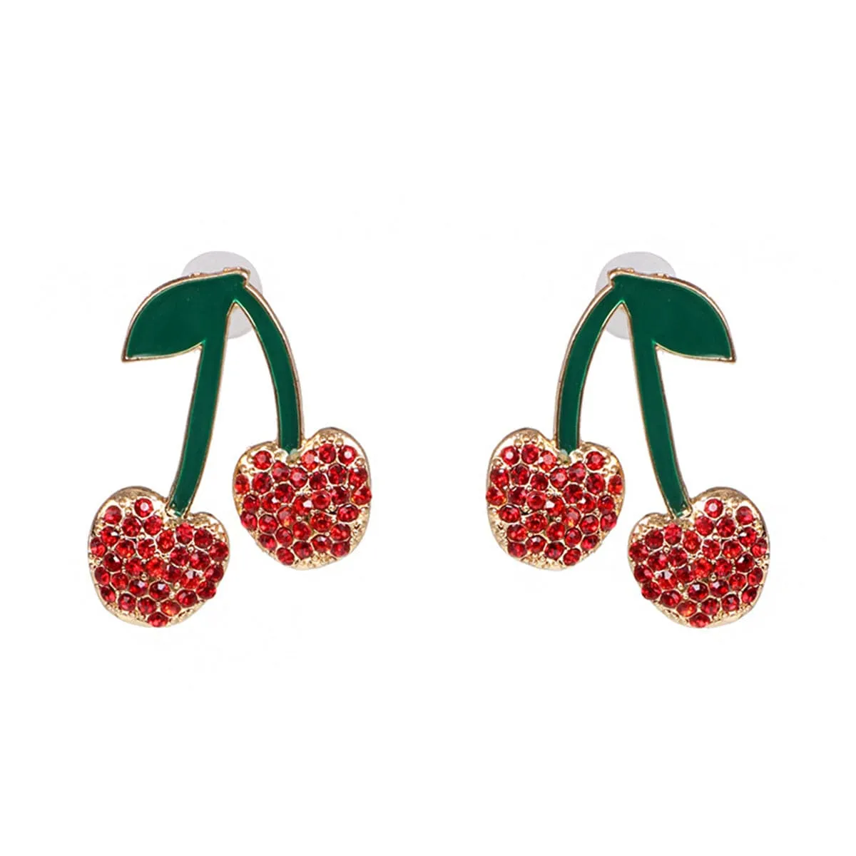 Red Cubic Zirconia & Green Enamel Cherry Drop Earrings