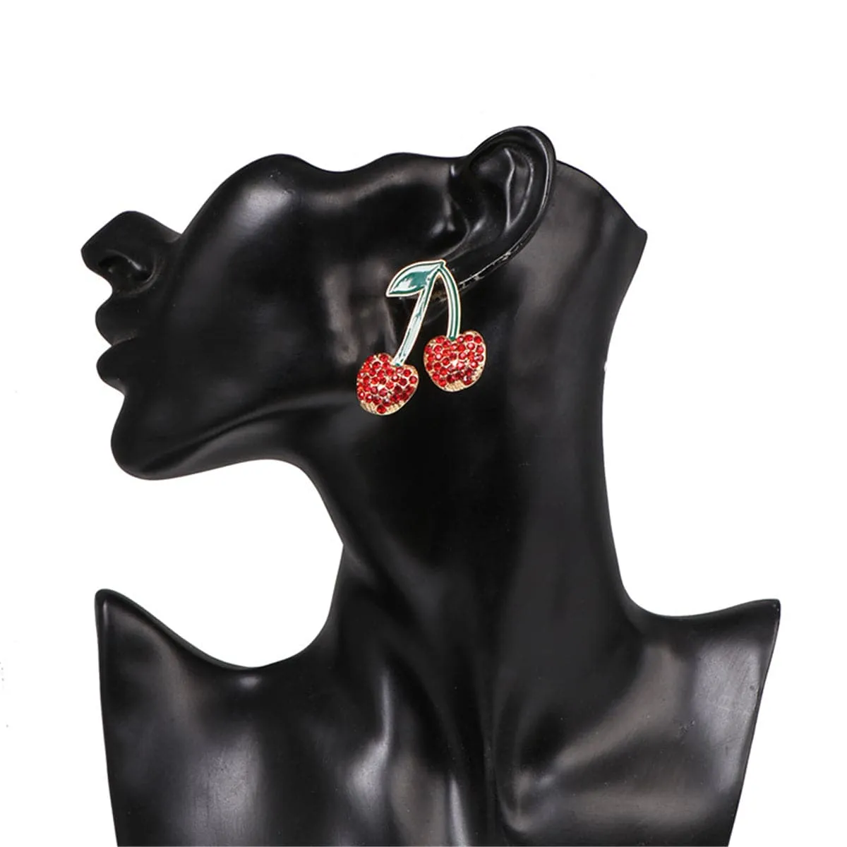 Red Cubic Zirconia & Green Enamel Cherry Drop Earrings