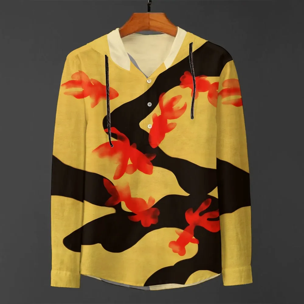 Red Goldfish Art Linen Hooded Long Sleeve Shirt 2409006322