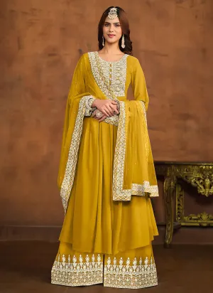 Regal Elegance Yellow Embroidered Palazzo Style Suit